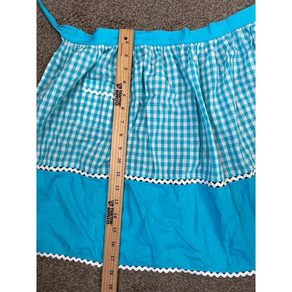 Vintage Blue Gingham Half Apron Rickrack Trim Front Pocket Retro Cottagecore‎